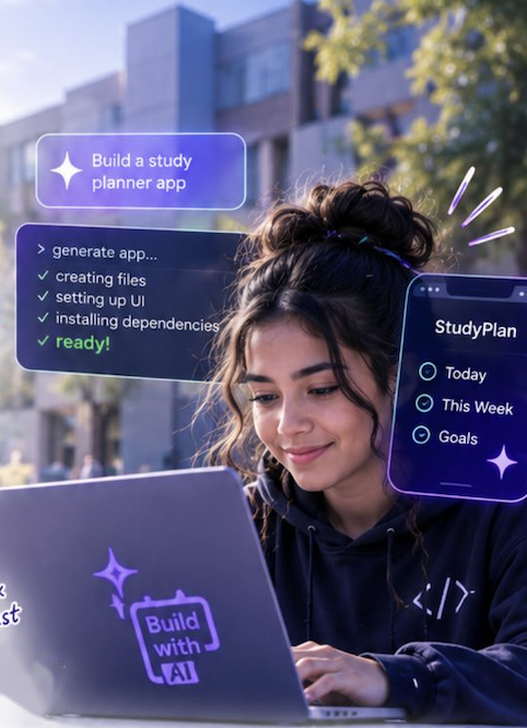 Student building an app with AI on her laptop